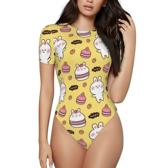 Daiia Rabbit Hunger print Women's Crew Neck Short Sleeve Bodysuit Fashion Tops Fit Casual Basic Extender Bodysuit-Large