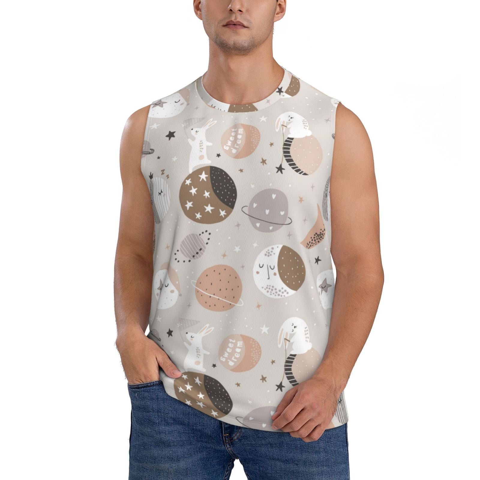 Daiia Rabbit In Space Printed Men's Tank Tops,Casual Soft Sleeveless
