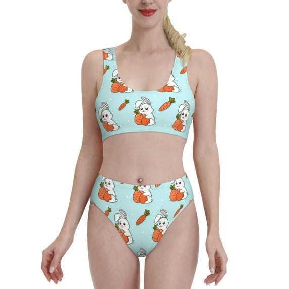 Daiia Rabbit Is Eating Carrots printed 2 piece Swimsuit Bikinis for Women High Waisted Racerback Bathing Suits Summer Tummy Control Scoop Neck Swimwear-X-Large