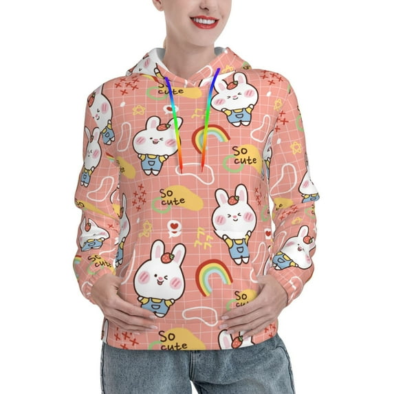 Daiia Rabbit So Cute Pattern Women's Fashion Hoodies & Sweatshirts with Kangaroo Pocket Hooded Sweatshirt with Eye-catching Drawstrings-Large