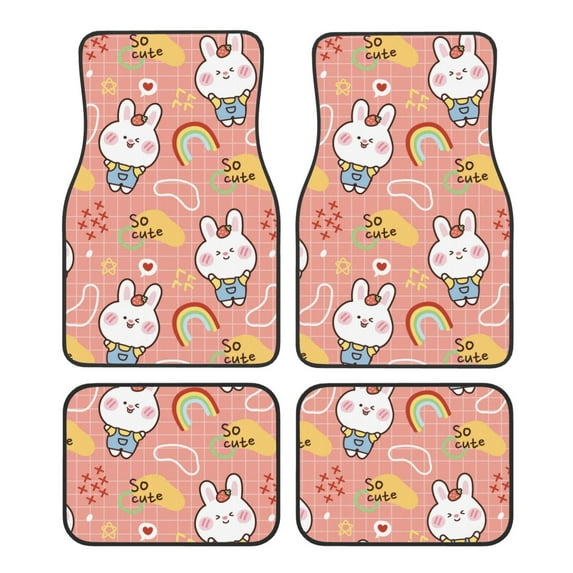 Daiia Rabbit So Cute Printed Car Floor Mats Set of 4, Durable Non Slip Auto Floor Carpet, Car Interior Carpets Proof Foot Pads Anti-Slip Cushion Automoetive Accessories