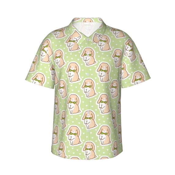 Daiia Rabbit With Tie Hawaiian Shirt for Men Gentle Cotton Regular Short Sleeve Casual-X-Large