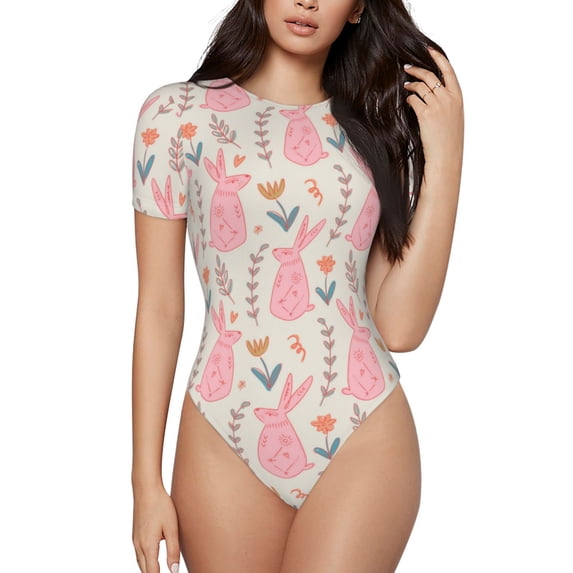 Daiia Rabbit print Women's Crew Neck Short Sleeve Bodysuit Fashion Tops Fit Casual Basic Extender Bodysuit-X-Large