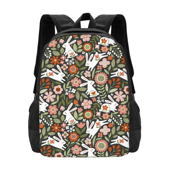 Daiia Rabbits on Floral Backpack for Men and Women -Durable Backpack Large Capacity, Water-Resistant Bag with Adjustable Straps and Laptop Compartment