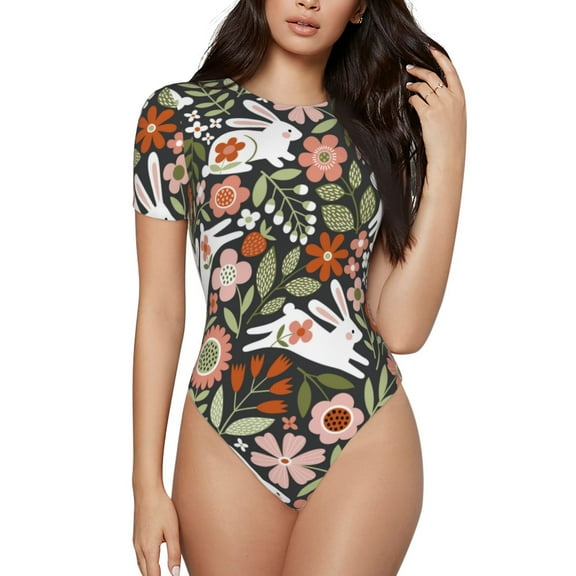 Daiia Rabbits On Floral Women'S Crew Neck Short Sleeve Slim Fit T Shirts Tops Basic Bodysuit Leotard Clothing-Xx-Large