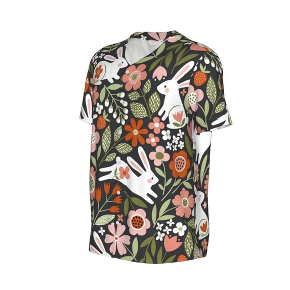 Daiia Rabbits on Floral Mens Baseball Jersey Button Down Shirts Short Sleeve Sports Uniforms-X-Large