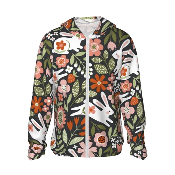 Daiia Rabbits on Floral UPF 50+ Sun Protection Hoodie Jacket Lightweight Long Sleeve Sun Shirt for Women Men with Pocket Hiking Outdoor-Large