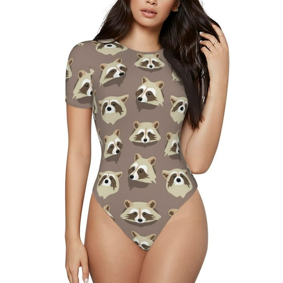 Daiia Raccoon print Women's Crew Neck Short Sleeve Bodysuit Fashion Tops Fit Casual Basic Extender Bodysuit-Large