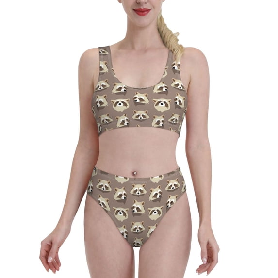 Daiia Raccoon printed 2 piece Swimsuit Bikinis for Women High Waisted Racerback Bathing Suits Summer Tummy Control Scoop Neck Swimwear-Medium