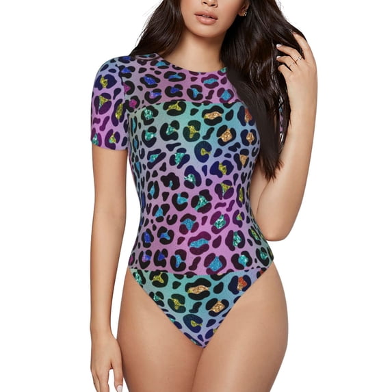 Daiia Rainbow Animal Skin print Women's Crew Neck Short Sleeve Bodysuit Fashion Tops Fit Casual Basic Extender Bodysuit-Small