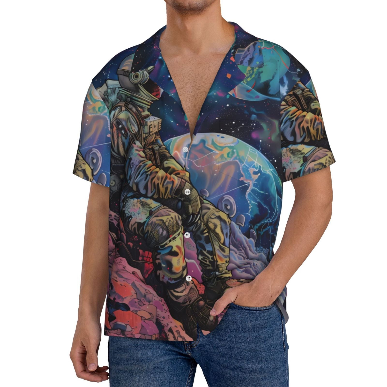 Daiia Rainbow Astronaut Space Landscape Men's Linen Shirts Short Sleeve