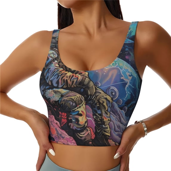Daiia Rainbow Astronaut Space Landscape Printed Women's Sports Bra, Breathable Activewear Bra with U-Back Design and Removable Pads, Comfortable and Supportive for Yoga, Workout-Small