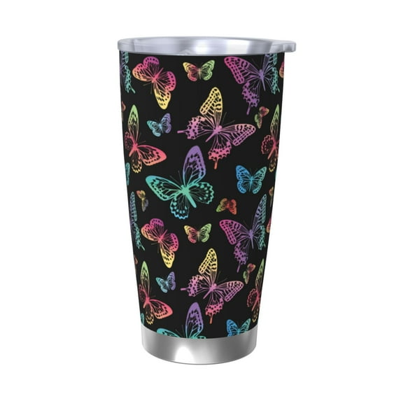 Daiia Rainbow Butterflies Printed 20oz Insulated Coffee Cup with Straw Topper, Fully Spill Proof Travel Coffee Mug, Stainless Steel Tumbler for Work Home Outdoor Car-Without Straw