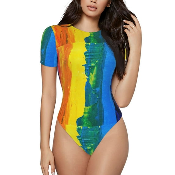 Daiia Rainbow Colored Women'S Crew Neck Short Sleeve Slim Fit T Shirts Tops Basic Bodysuit Leotard Clothing-Large