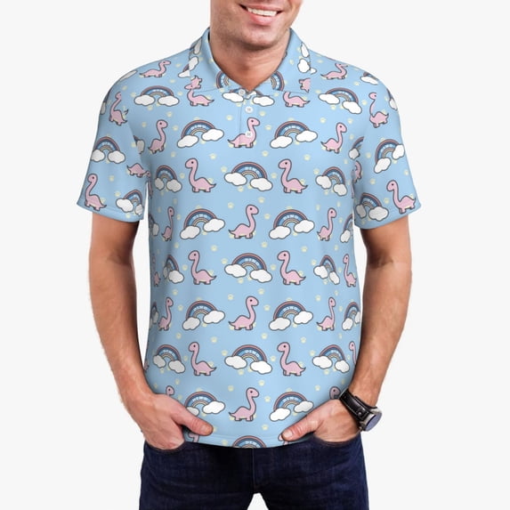 Daiia Rainbow Dinosaur Pattern Men’s Polo Shirts,Solid Deck Shirt,Classic Fit, Breathable Cotton Polo for Casual and Sport Wear-XX-Large