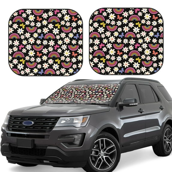 Daiia Rainbow Flowers 2PCS Car Windshield Sun Shade, Foldable Sun Shield for Car Front Window, Auto Sun Blocker Visor Protector Universal for Truck SUV Pickup-Large