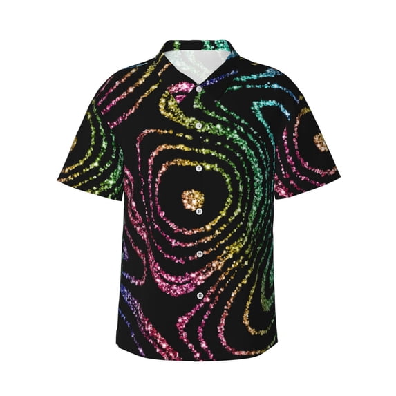Daiia Rainbow Glitter Hawaiian Shirt for Men Gentle Cotton Regular Short Sleeve Casual-Large