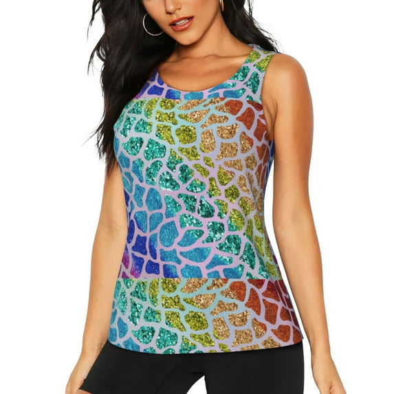 Daiia Rainbow Glitter Printed Womens Workout Tops for Women Quick-dry Tank Tops Mesh Yoga Shirts Athletic Running Tank Tops Sleeveless Gym Clothes-Large