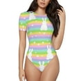 thumbnail image 1 of Daiia Rainbow Rabbit print Women's Crew Neck Short Sleeve Bodysuit Fashion Tops Fit Casual Basic Extender Bodysuit-Small, 1 of 9