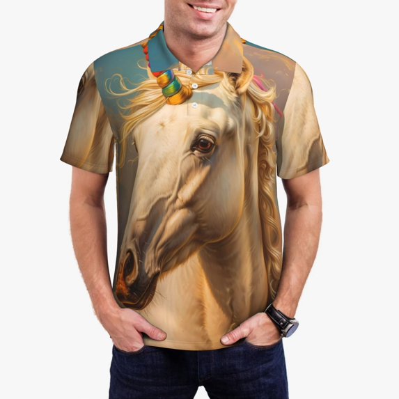 Daiia Rainbow White Horse Pattern Men’s Polo Shirts,Solid Deck Shirt,Classic Fit, Breathable Cotton Polo for Casual and Sport Wear-Small