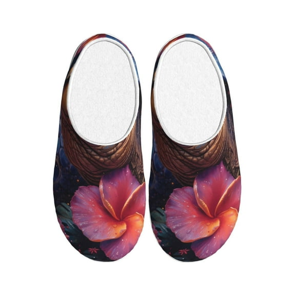 Daiia Realistic Flower Turtle Print Women’s Fuzzy Slippers Memory Foam Lightweight House Shoes Cozy Loafer Flannel House Shoes-35/36