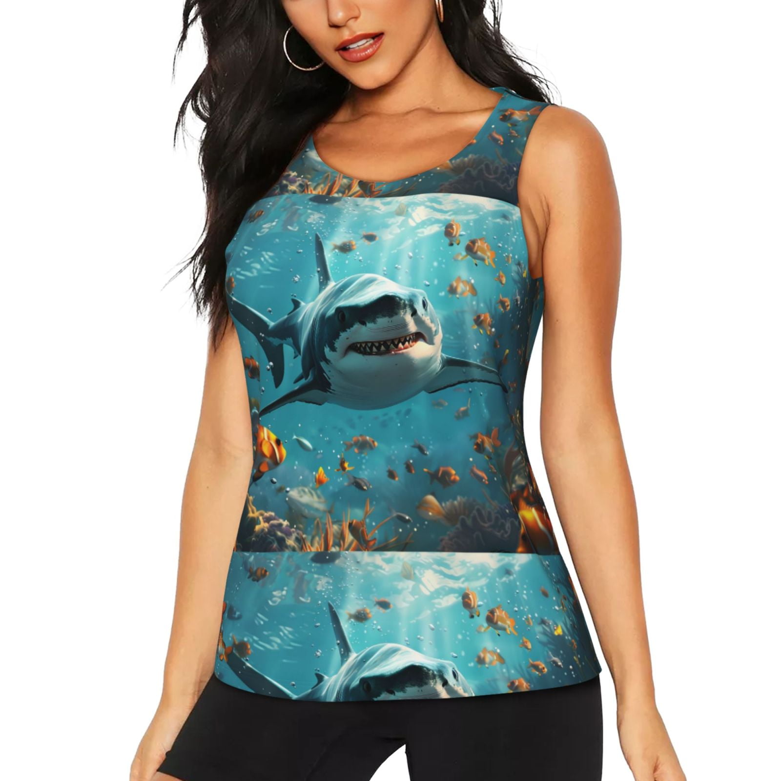 Daiia Realistic Ocean Shark Printed Womens Workout Tops for Women Quick ...
