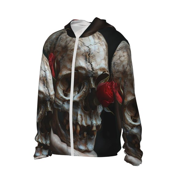 Daiia Realistic Rose Skull UPF 50  Sun Protection Hoodie Jacket Lightweight Long Sleeve Sun Shirt for Women Men with Pocket Hiking Outdoor-XX-Large