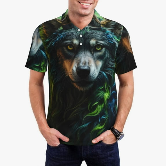 Daiia Realistic Style Colorful Wolf A Pattern Men’s Polo Shirts,Solid Deck Shirt,Classic Fit, Breathable Cotton Polo for Casual and Sport Wear-X-Large