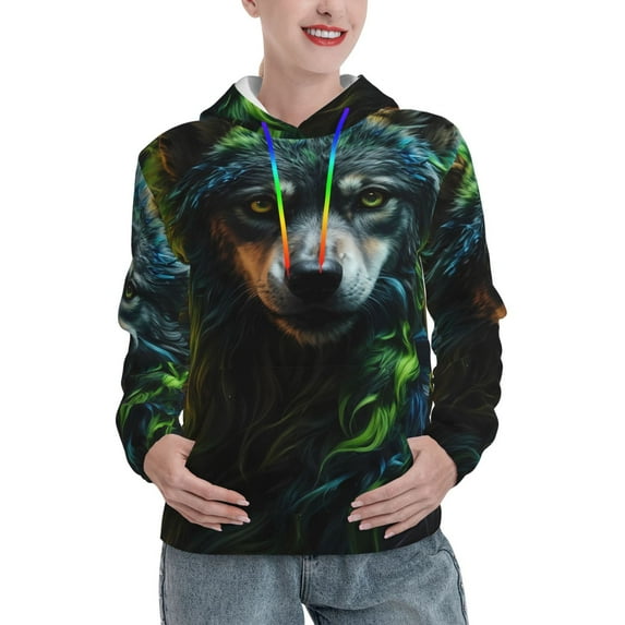 Daiia Realistic Style Colorful Wolf A Pattern Women's Fashion Hoodies & Sweatshirts with Kangaroo Pocket Hooded Sweatshirt with Eye-catching Drawstrings-Small