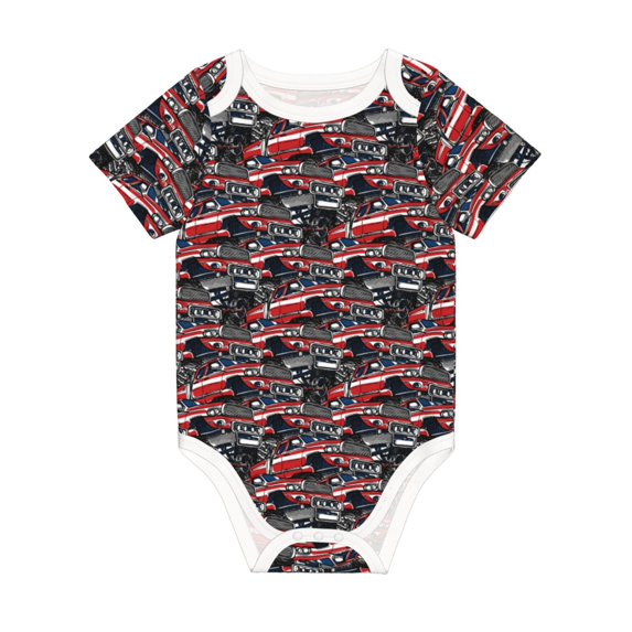 Daiia Red And Blue Cars Printed Unisex-Baby Short Sleeve Onesies Bodysuits Baby Climbing Clothes Soft and Comfortable Romper with Expandable Shoulder Design-2 Years