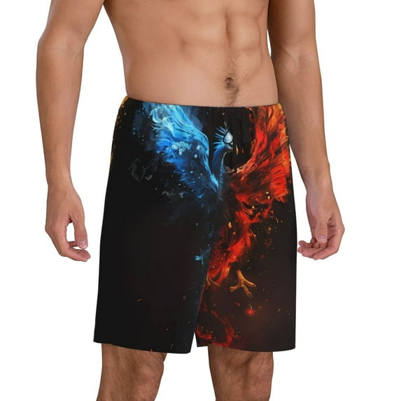Daiia Red And Blue Fire Bird Mens Woven Stretch Pajama Short,Short Pajama Pants-X-Large