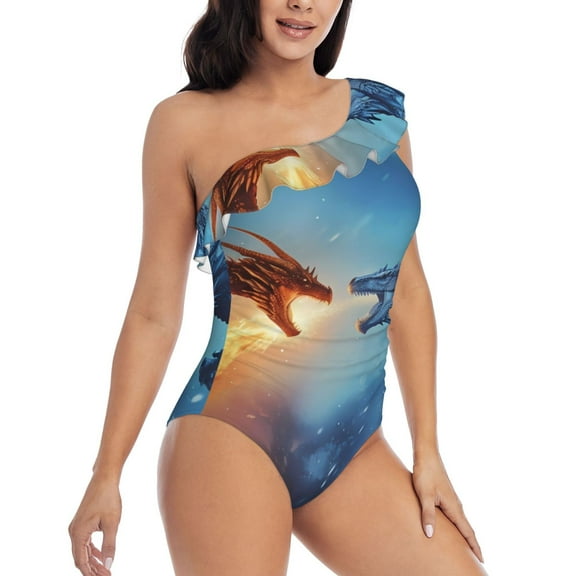 Daiia Red And Blue Fire Dragon A Women's One Piece Swimsuits Personalized One Shoulder Swimwear Asymmetric Ruffle Bathing Suits-XX-Large