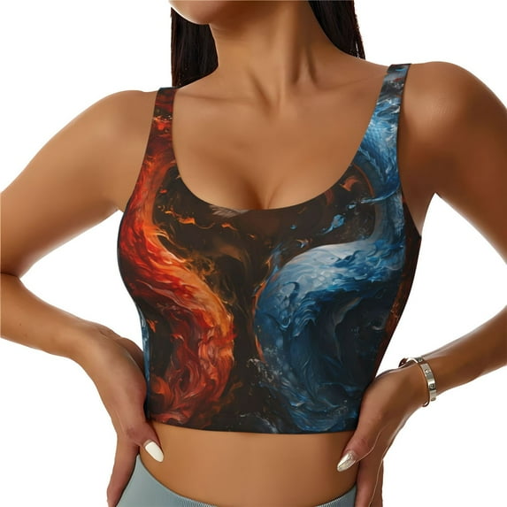 Daiia Red And Blue Fire Dragon F Printed Women's Sports Bra, Breathable Activewear Bra with U-Back Design and Removable Pads, Comfortable and Supportive for Yoga, Workout-XX-Large