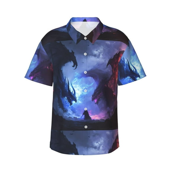 Daiia Red And Blue Fire Dragon Hawaiian Shirt for Men Gentle Cotton Regular Short Sleeve Casual-Small