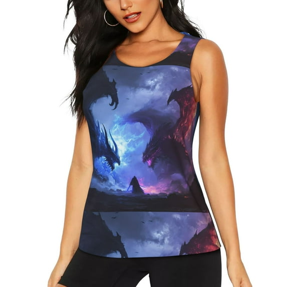 Daiia Red And Blue Fire Dragon Printed Womens Workout Tops for Women Quick-dry Tank Tops Mesh Yoga Shirts Athletic Running Tank Tops Sleeveless Gym Clothes-