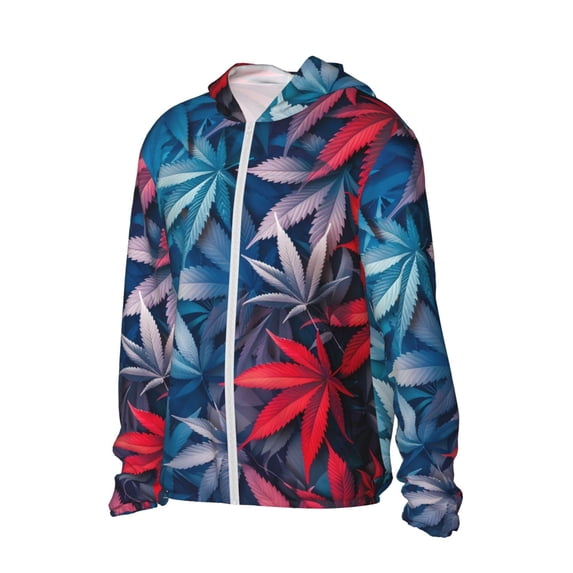 Daiia Red And Blue Leaves UPF 50+ Sun Protection Hoodie Jacket Lightweight Long Sleeve Sun Shirt for Women Men with Pocket Hiking Outdoor-3X-Large