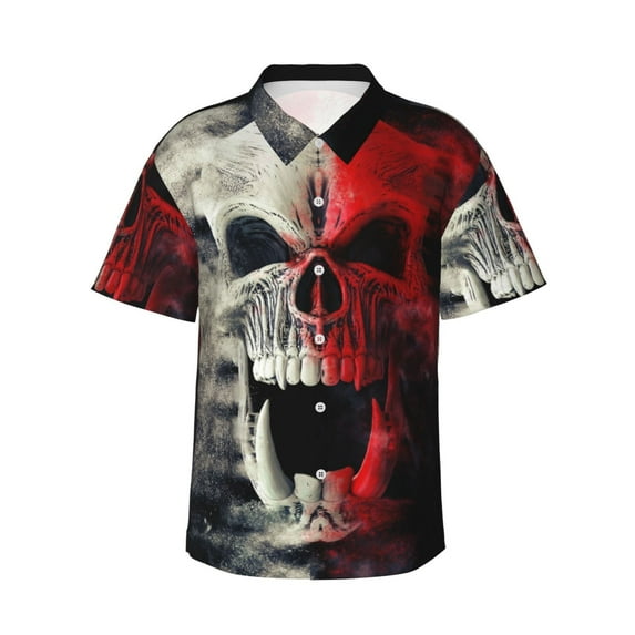 Daiia Red And White Screaming Demon Skull Hawaiian Shirt for Men Gentle Cotton Regular Short Sleeve Casual-Large