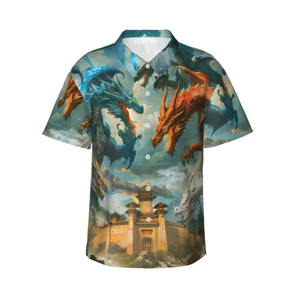 Daiia Red Blue Dragon Battle Epic Hawaiian Shirt for Men Gentle Cotton Regular Short Sleeve Casual-Large