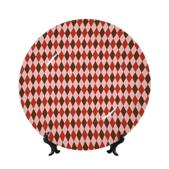 Daiia Red and Brown Squares Printed Pattern Ceramic Plate Dinner Plates Bone China Decorative Plates with Display Stand Art Ceramic Ornaments for Wall Hanging Decoration-8in