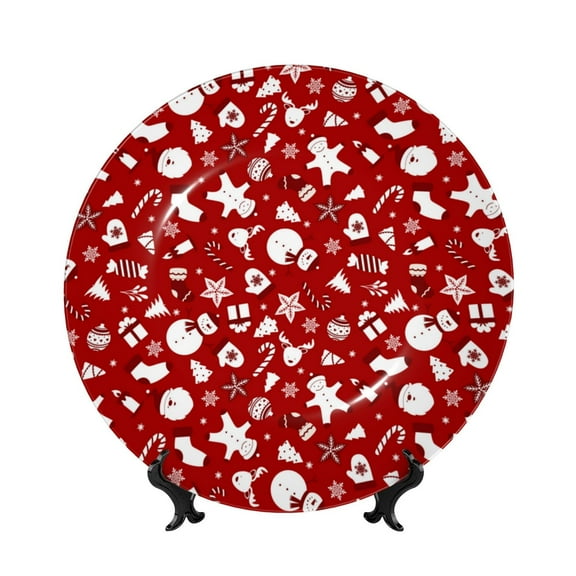 Daiia Red Christmas Cheer. Printed Pattern Ceramic Plate Dinner Plates Bone China Decorative Plates with Display Stand Art Ceramic Ornaments for Wall Hanging Decoration-7in