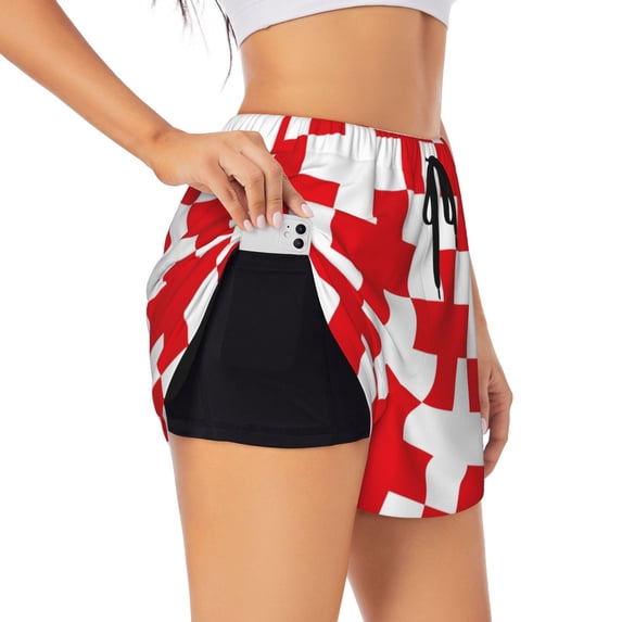 Daiia Red Cross 1 Pattern Women's 2 in 1 Running Shorts - Lightweight Athletic Workout Gym Yoga Shorts Liner with Phone Pockets-XX-Large