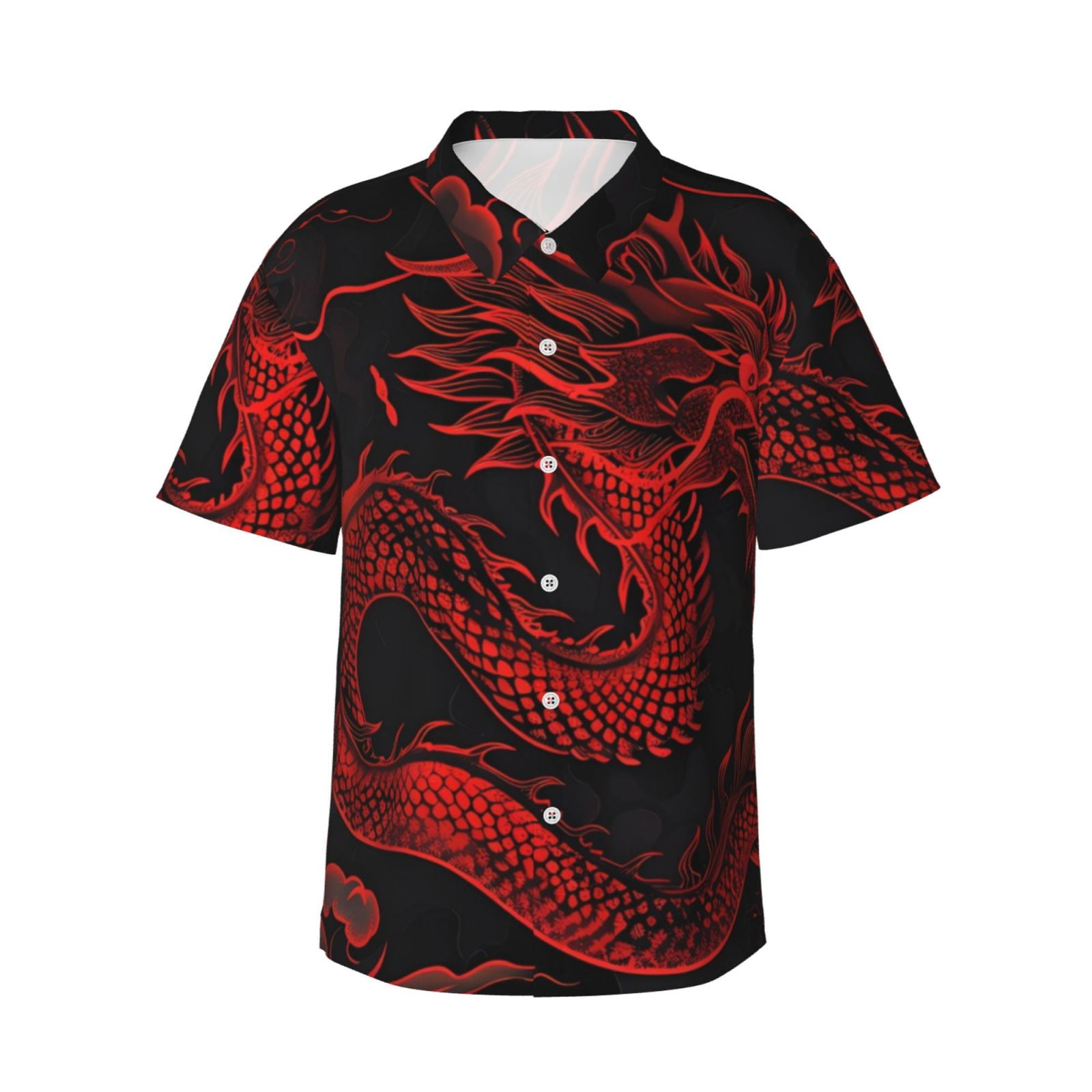 Daiia Red Dragon On Black Hawaiian Shirt for Men Gentle Cotton