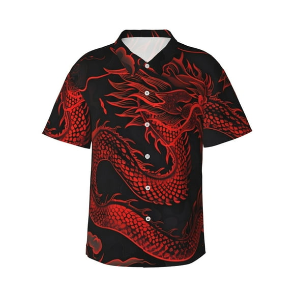 Daiia Red Dragon On Black Hawaiian Shirt for Men Gentle Cotton Regular Short Sleeve Casual-Small