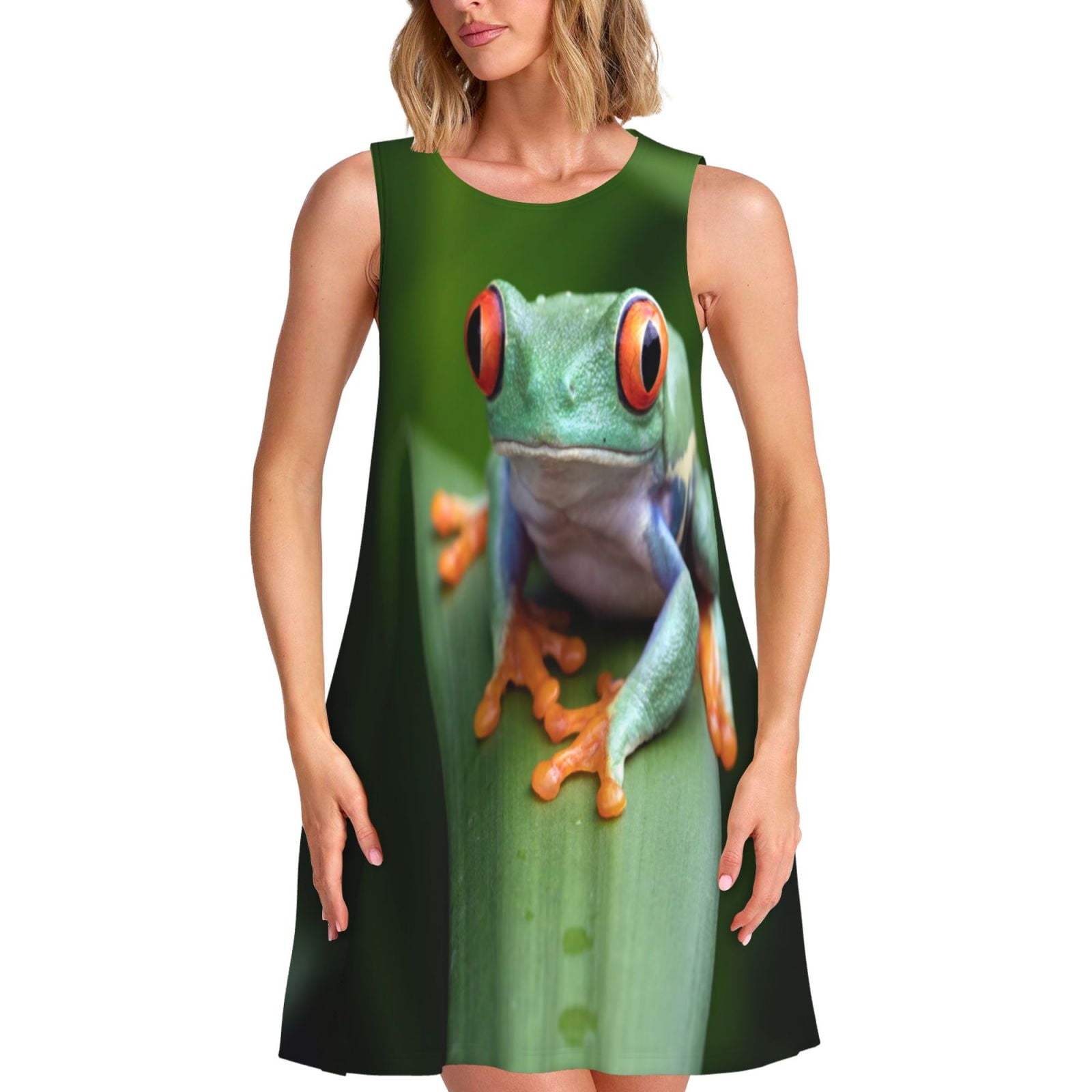 Daiia Red-Eyed Tree Frog Print Women's Dresses 2025 Trendy Short sleeve ...