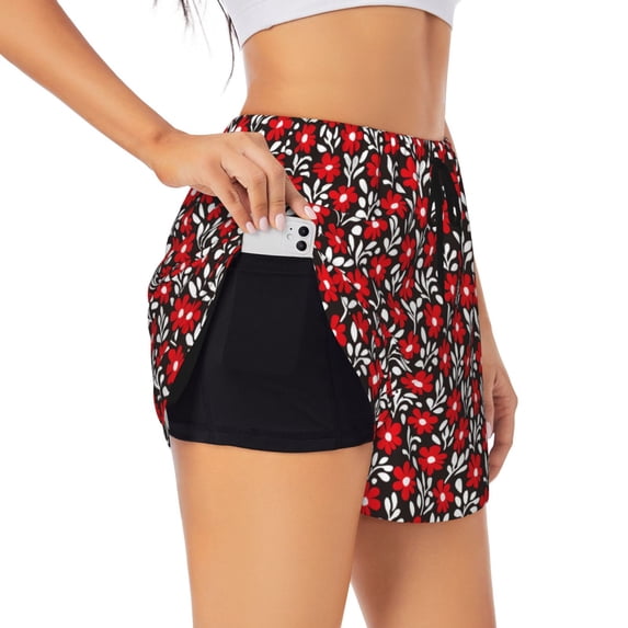 Daiia Red Floral Pattern Women's 2 in 1 Running Shorts - Lightweight Athletic Workout Gym Yoga Shorts Liner with Phone Pockets-XX-Large