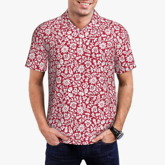 Daiia Red Flowers Pattern Men’s Polo Shirts,Solid Deck Shirt,Classic Fit, Breathable Cotton Polo for Casual and Sport Wear-Large
