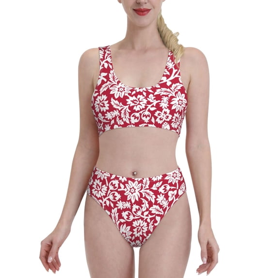 Daiia Red Flowers printed 2 piece Swimsuit Bikinis for Women High Waisted Racerback Bathing Suits Summer Tummy Control Scoop Neck Swimwear-X-Large