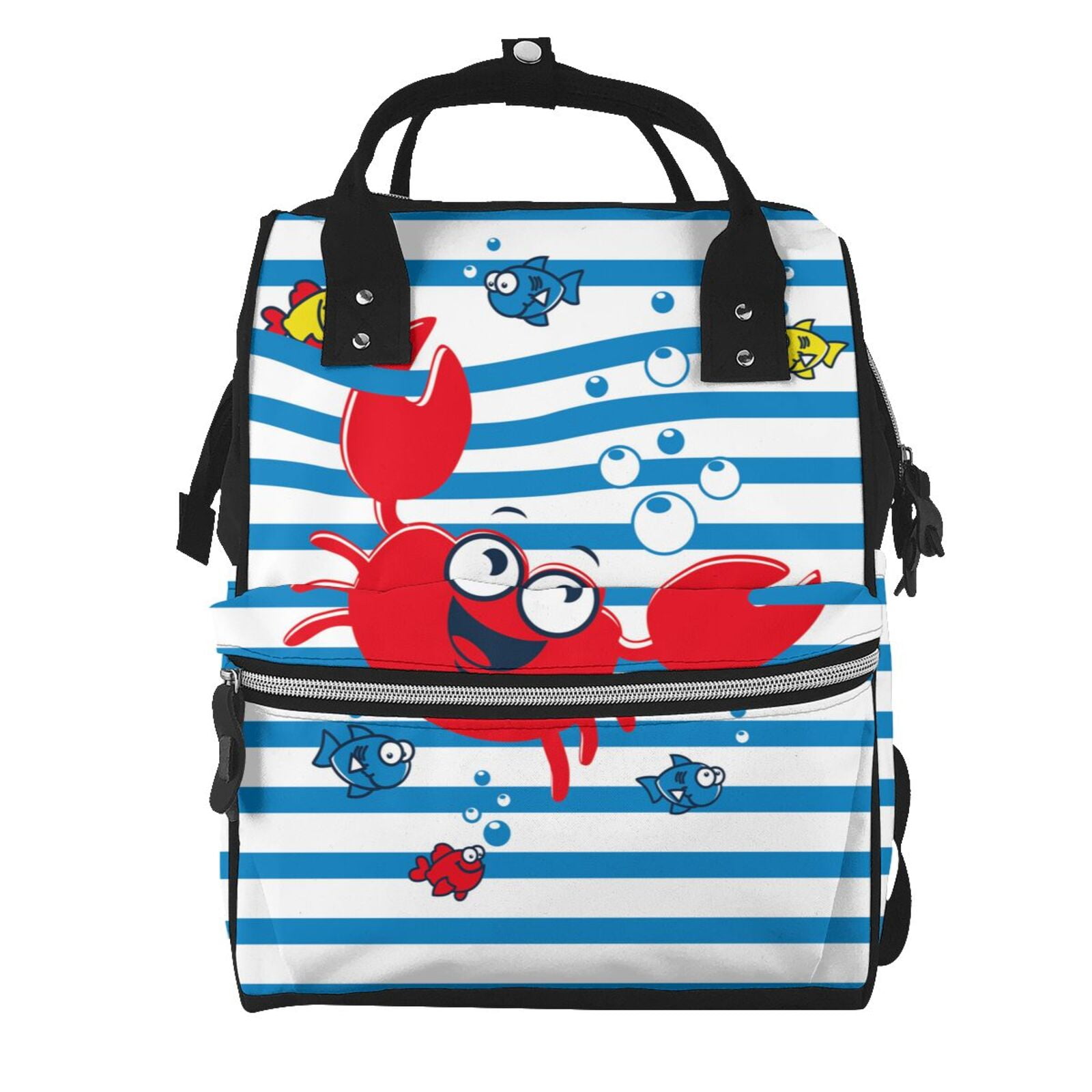 Daiia Red Funny Crab on Blue Stripe Large Capacity Baby Bag Waterproof Stylish Diaper Bag Mummy Backpack Adjustable Straps Diaper BagBaby Essentials Bag