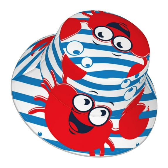 Daiia Red Funny Crab on Blue Stripe Pattern Bucket Hat - Trendy Cotton Sun Hat for Beach, Golf, Fishing - Fun Outdoor Vacation Boonie for Men and Women