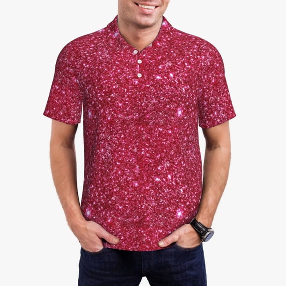 Daiia Red Glitter Pattern Men’s Polo Shirts,Solid Deck Shirt,Classic Fit, Breathable Cotton Polo for Casual and Sport Wear-XX-Large